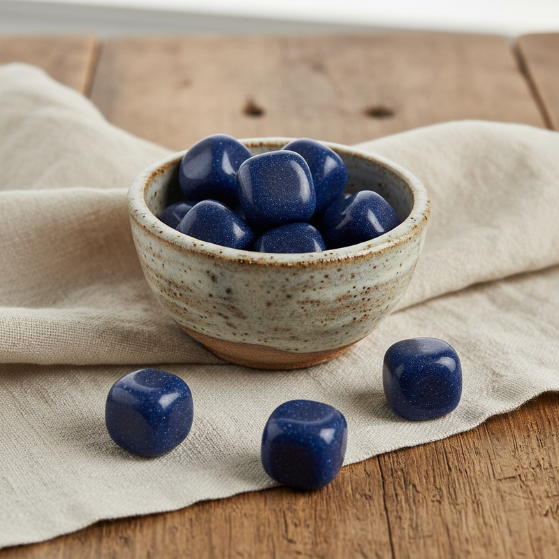 Ceramic bowl with blue stones on a wooden surface with a beige cloth