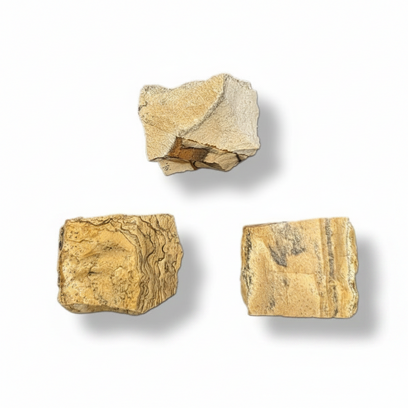Three irregular tan and beige stone or mineral chunks with natural texture and darker veining, arranged on a white background with soft drop shadows.