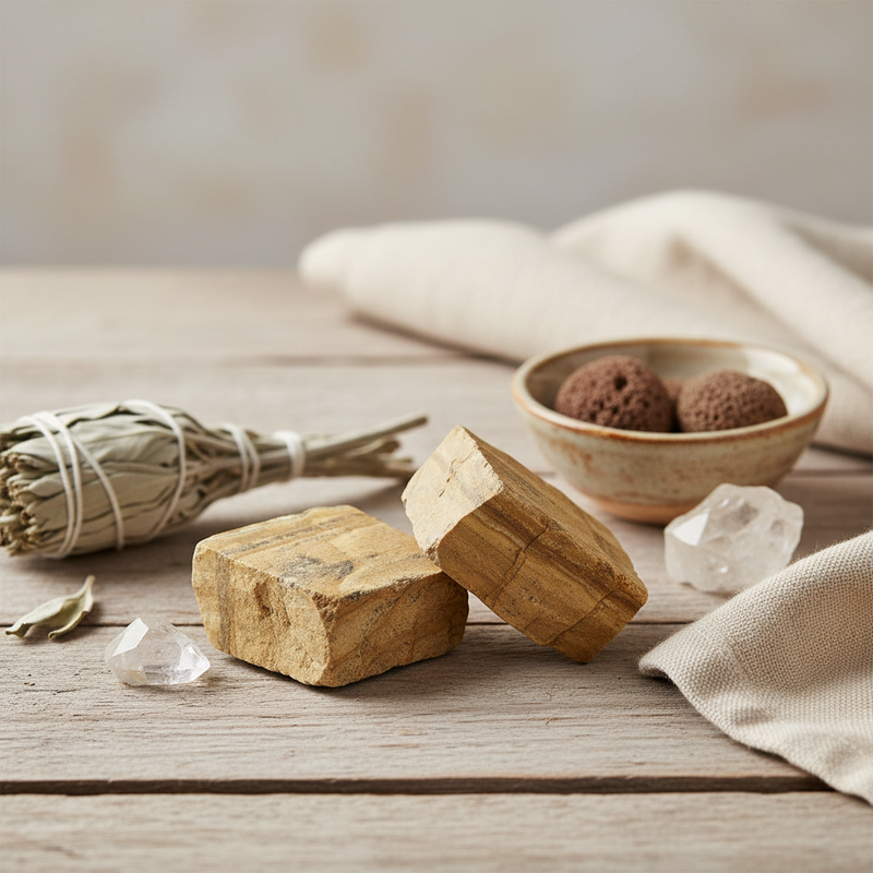 Two stones with natural grain patterns, styled on a rustic wooden table with a sage smudge, a small bowl of brown spheres, clear quartz crystals, and draped beige linen.