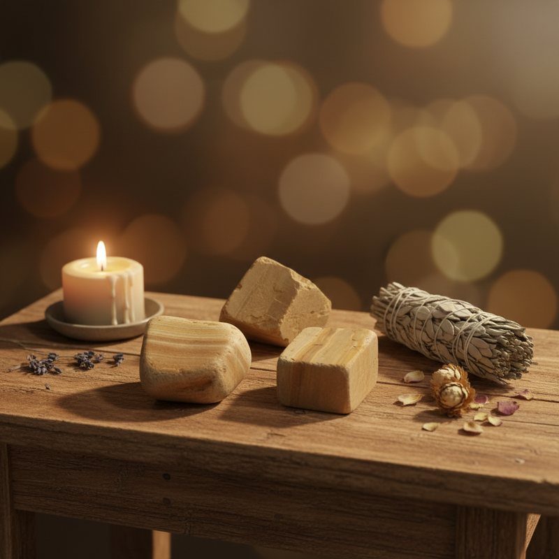 Wooden table with a lit candle, rocks , sage, and lavender against a blurred bokeh background.