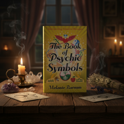 Book titled 'The Book of Psychic Symbols' by Melanie Barnum on a wooden table with candles and crystals.