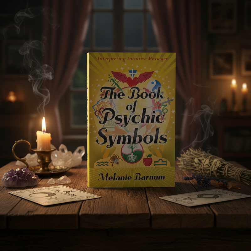 Book titled 'The Book of Psychic Symbols' by Melanie Barnum on a wooden table with candles and crystals.