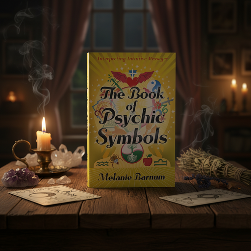 Book titled 'The Book of Psychic Symbols' by Melanie Barnum on a wooden table with candles and crystals.