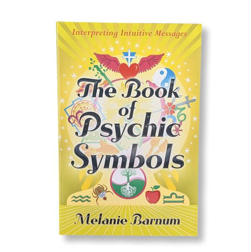 Book cover of 'The Book of Psychic Symbols' by Melanie Barnum with colorful symbols on a yellow background.