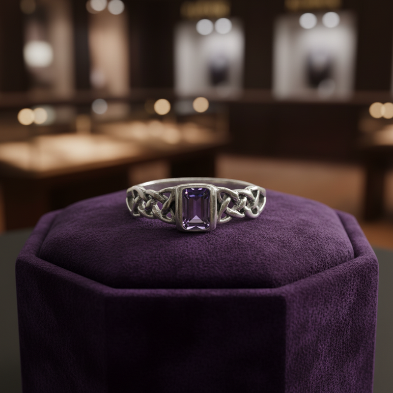 Silver ring with a purple gemstone on a purple cushion in a blurred store setting