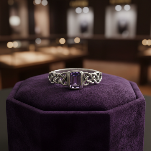 Silver ring with a purple gemstone on a purple cushion in a blurred store setting