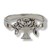 Silver ring with a tree design on a white background