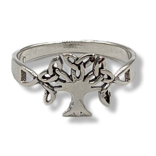 Silver ring with a tree design on a white background