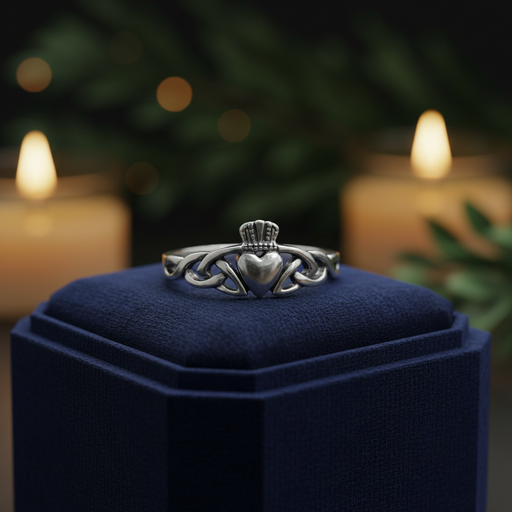 Silver ring with a heart design on a blue cushion in a dark setting with candles.