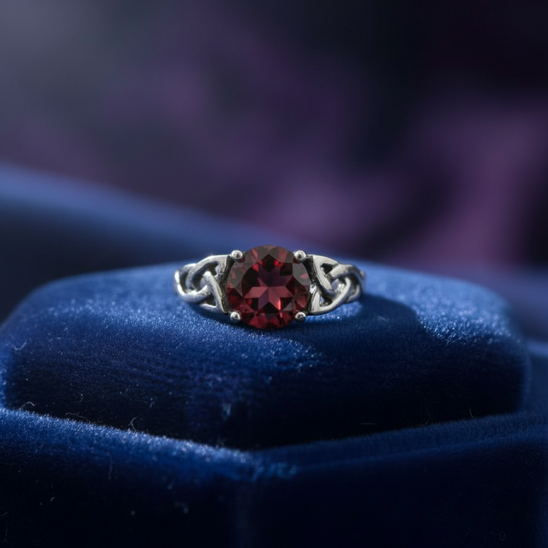 Silver ring with a red gemstone on blue pillow on  a purple background.