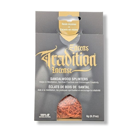 A package of Tradition Incense Sandalwood Splinters on a clean white background. The packaging is a dark gray package with gold lettering and a small clear window at the bottom showing the reddish-brown incense pieces inside.