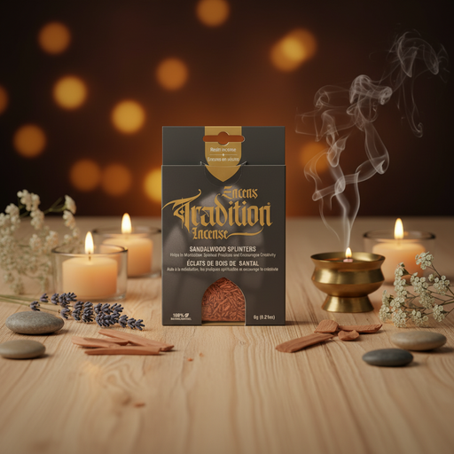 A package of Sandalwood Splinters incense by Sacred Scents is displayed on a wooden surface with lit candles, incense sticks, stones, and a brass incense burner with rising smoke, set against a dark background with warm bokeh lights.