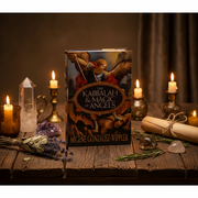 Book titled 'Kabbalah & Magic of Angels' by Migene González Wippler on a wooden surface with candles and crystals.