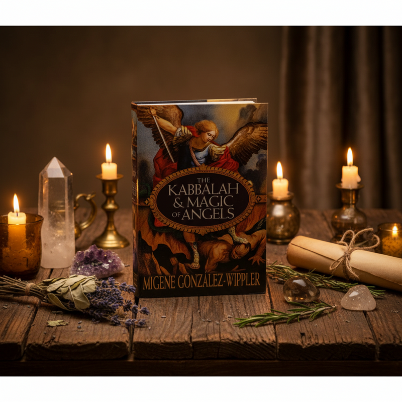 Book titled 'Kabbalah & Magic of Angels' by Migene González Wippler on a wooden surface with candles and crystals.
