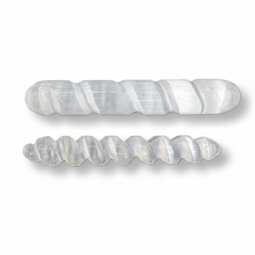 Two spiral-shaped selenite wands, shown on a clean white background. One is wider and positioned above, while the other is narrower and positioned below.