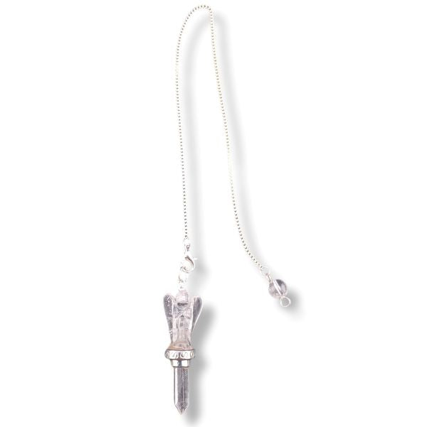 Quartz Crystal Angel Pendulum against a white background