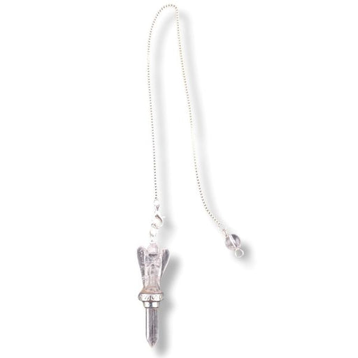 Quartz Crystal Angel Pendulum against a white background