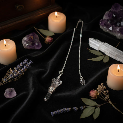 Quartz Crystal Angel Pendulum on a black fabric surrounded by flowers, crystals and candles 