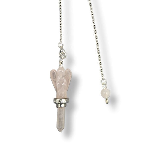 Rose Quartz Angel Pendulum on white background