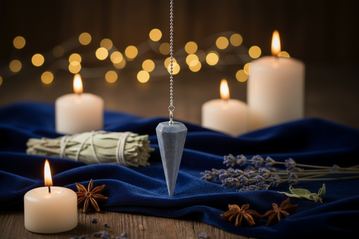 Decorative setup with candles, a pendulum, and herbs on a dark background