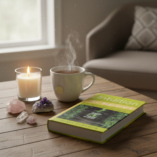 Book titled 'Intuition' on a wooden table with a lit candle, steaming mug, and crystals.