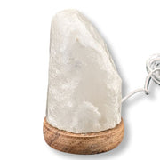 White stone lamp with wooden base on a white background