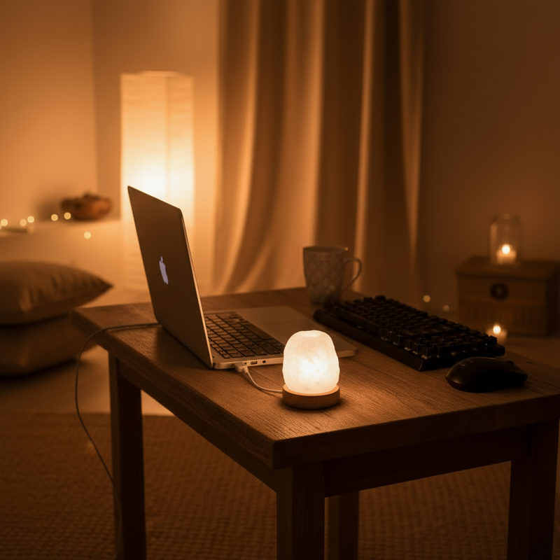 Laptop on a wooden table with a lit lamp in a cozy room setting.