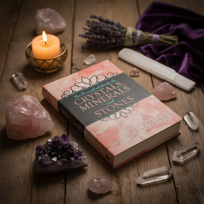 Book titled 'The Essential Guide to Crystals, Minerals, and Stones' surrounded by crystals and a candle on a wooden surface.