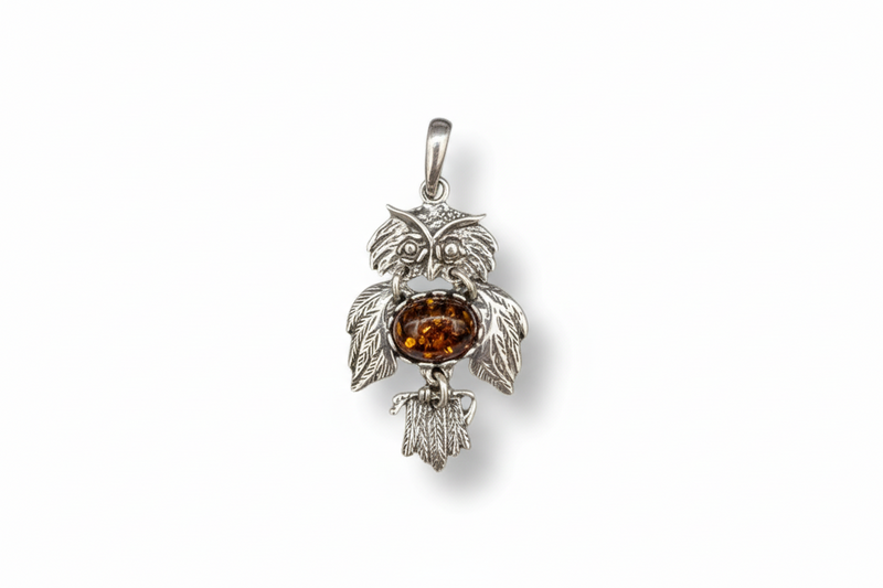 Pendant Amber Owl Sterling Silver