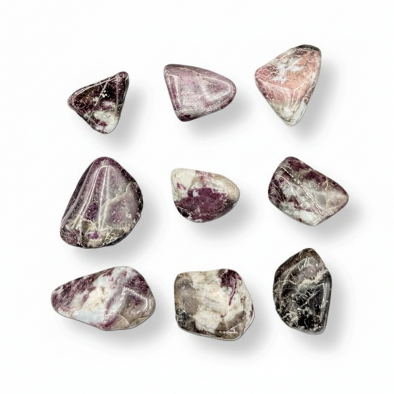 Nine polished tumbled gemstone chips in shades of purple, pink, white, and gray, arranged in a grid on a white background with soft drop shadows.