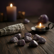 Pink tourmaline in quartz tumbled stones arranged on a dark wooden table, alongside a white sage smudge bundle, a small tealight candle on a black holder, and a larger blurred candle in the background.