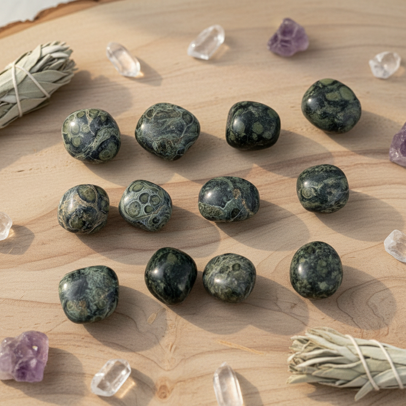 Collection of green stones and crystals on a wooden surface