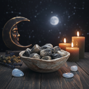 Bowl of stones with candles and moon symbol on a wooden surface