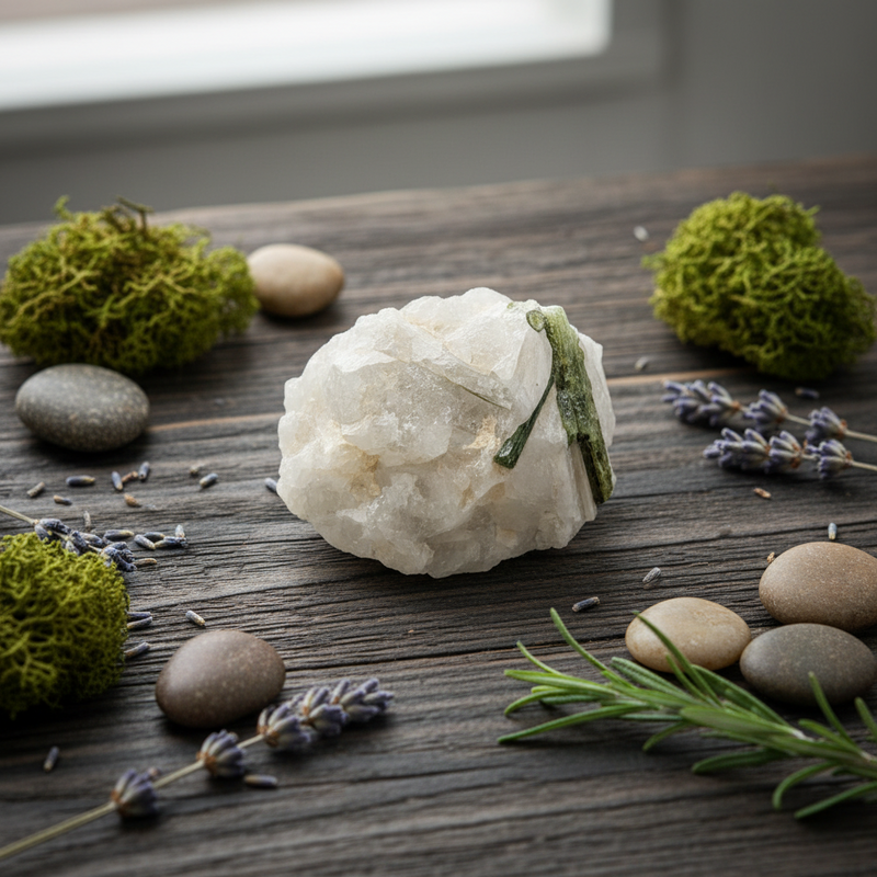White crystal on a wooden surface with moss, lavender, and stones