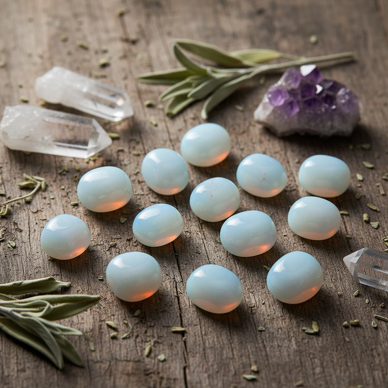 Set of light blue stones on a wooden surface with crystals and herbs.