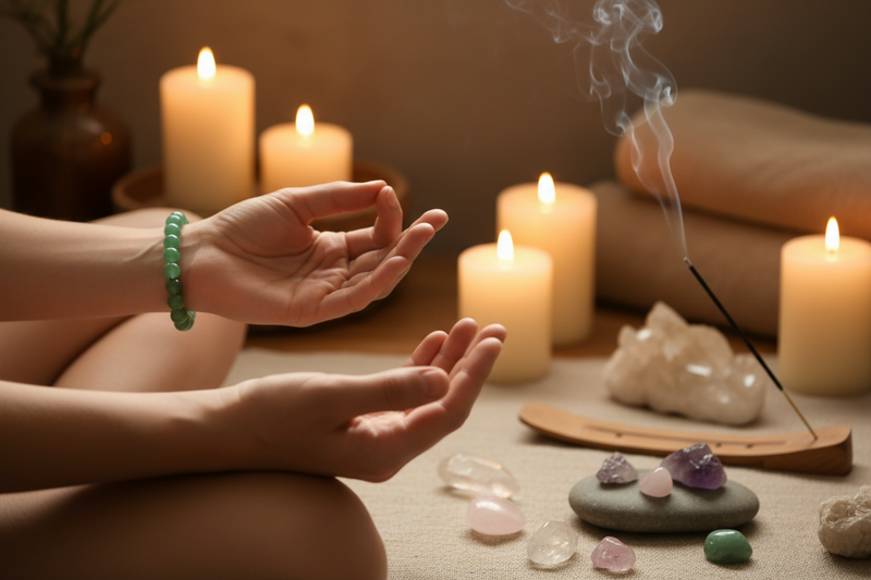 A person in a meditative pose with hands open, wearing a green beaded bracelet, surrounded by lit candles, incense smoke, crystals, and stones in a warm, spa-like setting.