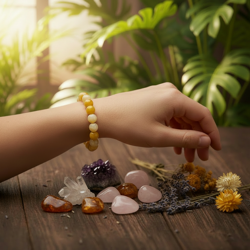 A person's hand and forearm resting on a wooden table, wearing a beaded bracelet made of alternating yellow and cream beads. In front of the hand are several polished crystal stones and dried flowers, with lush green plants softly blurred in the background.