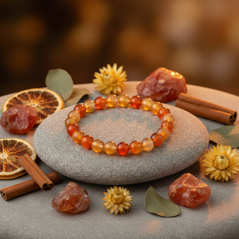 Carnelian bracelet on a stone with dried fruits and flowers on a blurred background