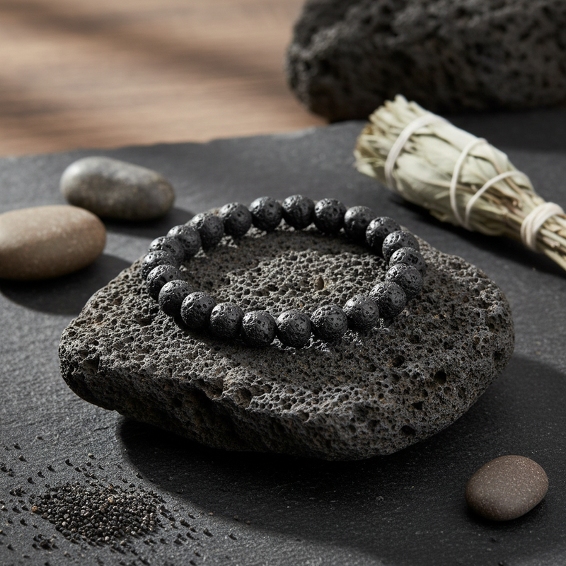 Lava stone with a bracelet and sage on a dark surface