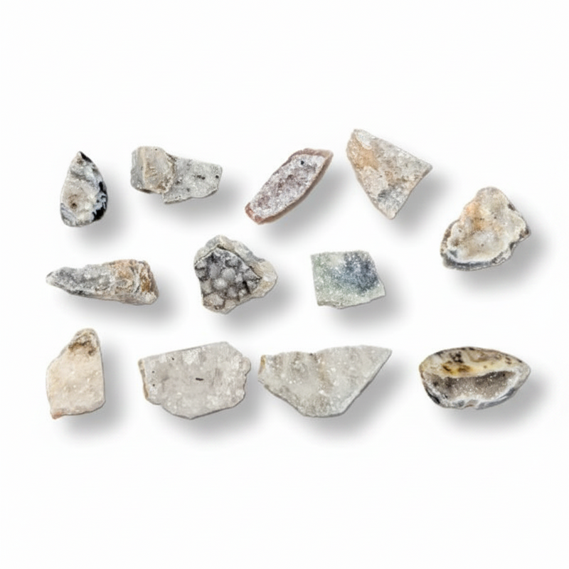 A set of agate pieces in various shapes and natural colors on a white background with soft drop shadows.