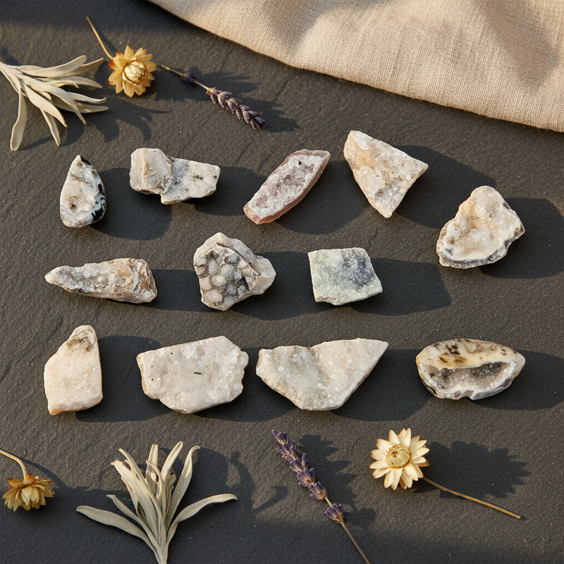 Pieces of agate geodes on a dark slate surface, decorated with dried lavender, flowers, and a linen cloth.