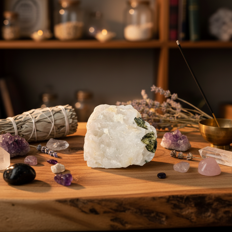 Crystal grid with crystals, a crystal ball, and incense on a wooden surface.