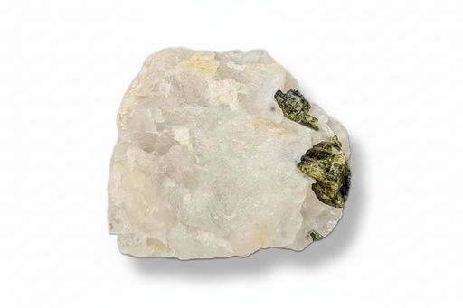 Rock with green mineral inclusion on a white background