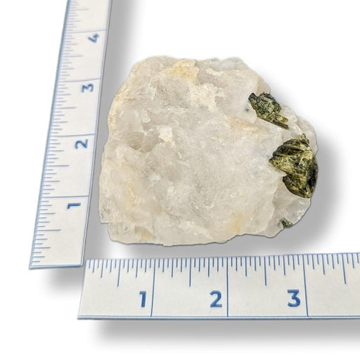 Rock sample with green minerals on a white background with a ruler for scale.