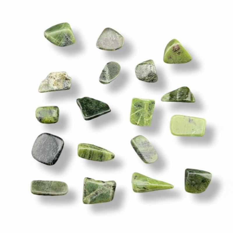 Collection of green stones on a white background