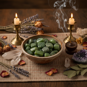 Bowl of green stones with candles, lavender, and crystals on a textured surface