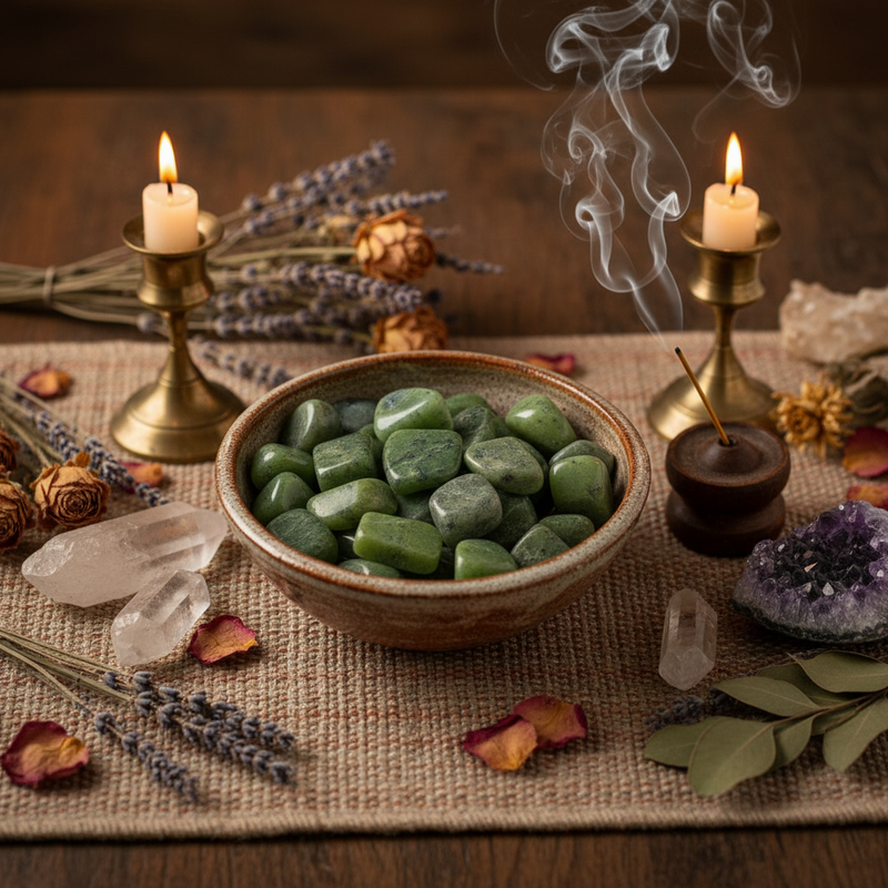 Bowl of green stones with candles, lavender, and crystals on a textured surface