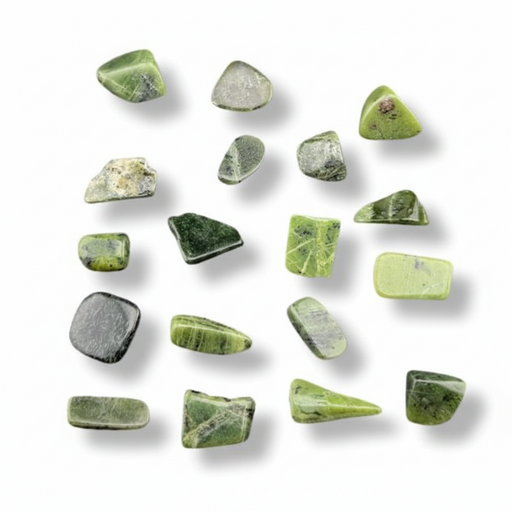 Collection of green stones on a white background