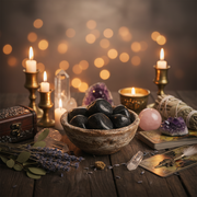 Witchcraft setup with stones, candles, crystals, and tarot cards on a wooden table.