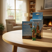 Joseph figurine and packaging on a table in a living room setting